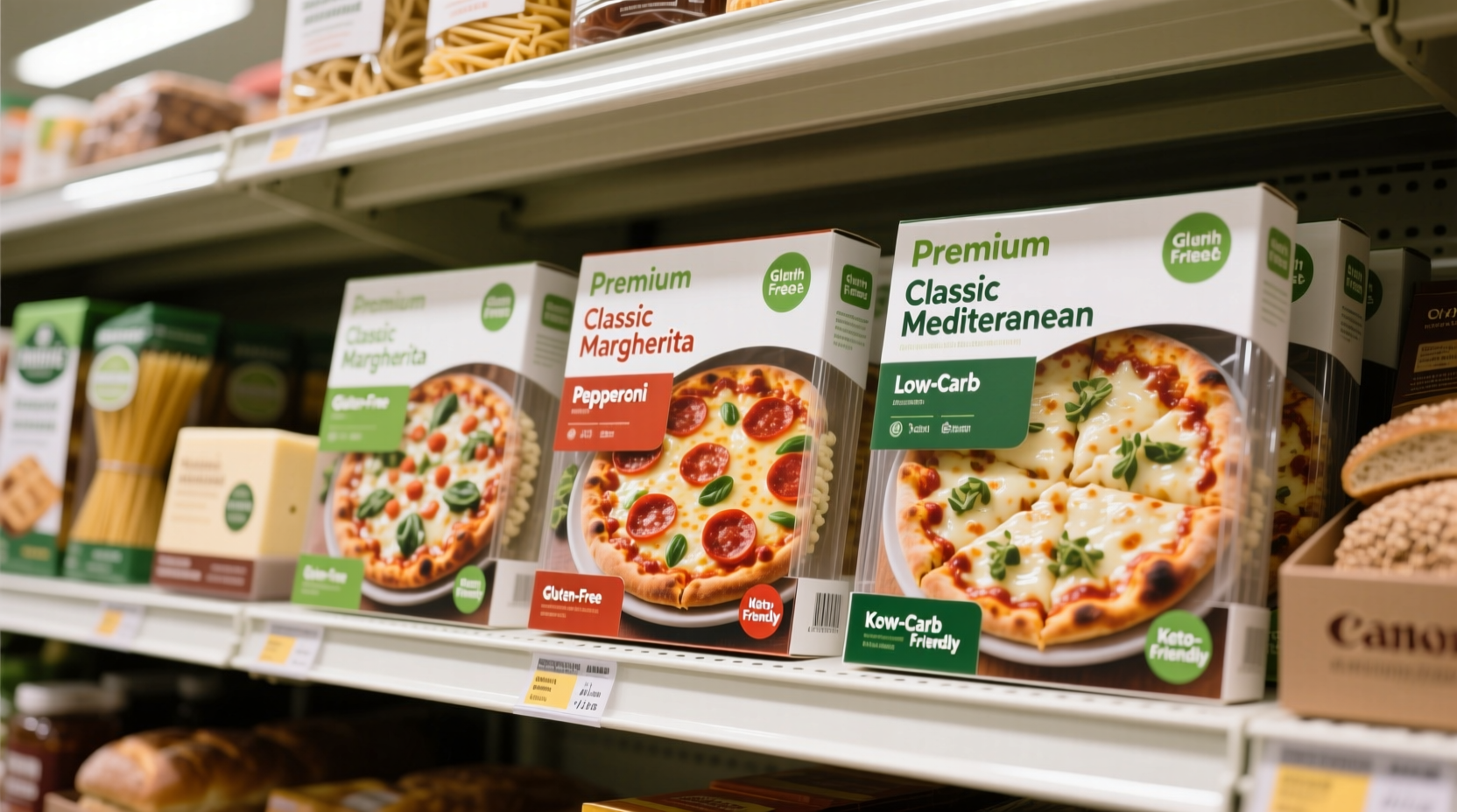 Cauliflower pizza crust options displayed in grocery store