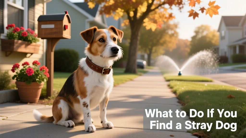 A calm, friendly stray terrier mix sitting near a quiet suburban sidewalk