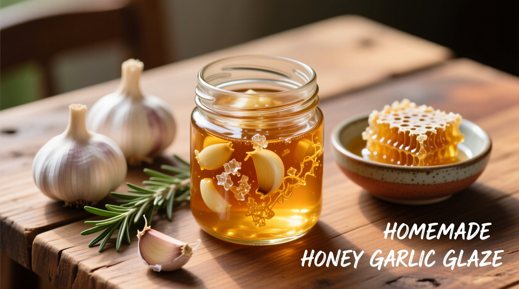Homemade honey garlic glaze in glass jar with fresh ingredients