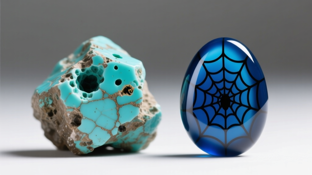 Macro shot comparing a raw porous natural turquoise nugget beside a glossy epoxy-stabilized cabochon with dark spiderweb matrix.
