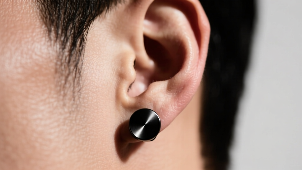 Mans earlobe wearing a matte black PVD titanium stud earring, studio lighting highlighting the dark scratch-resistant finish