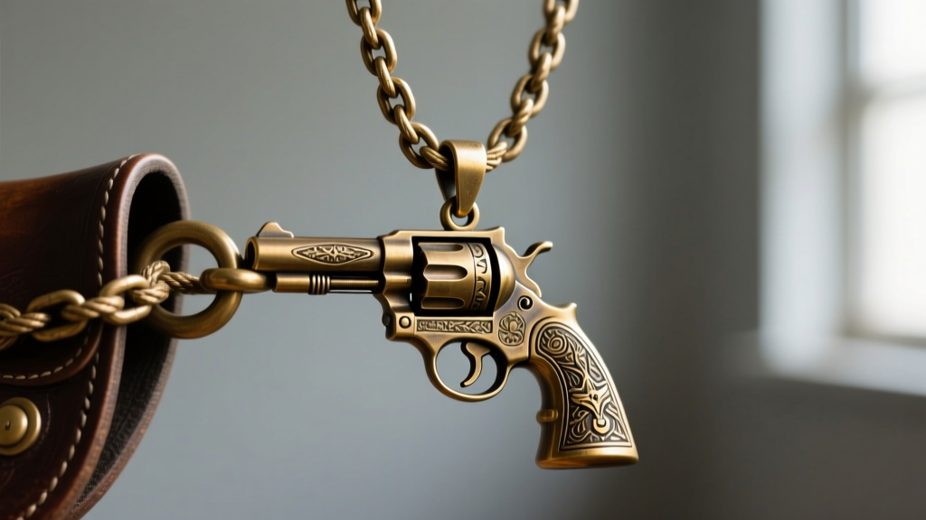Side profile of a heavy 4mm rope chain connecting to a reinforced hidden bail on a brass western six-shooter holster pendant