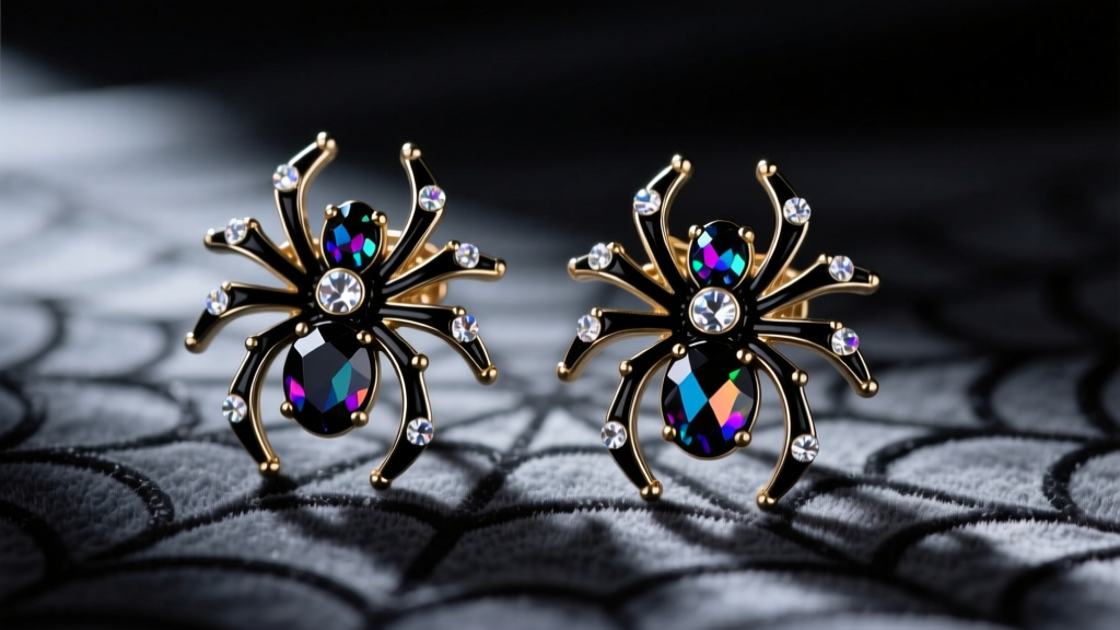 Macro shot of vintage Betsey Johnson spider earrings with black enamel and glass crystals resting on dark velvet in moody lighting