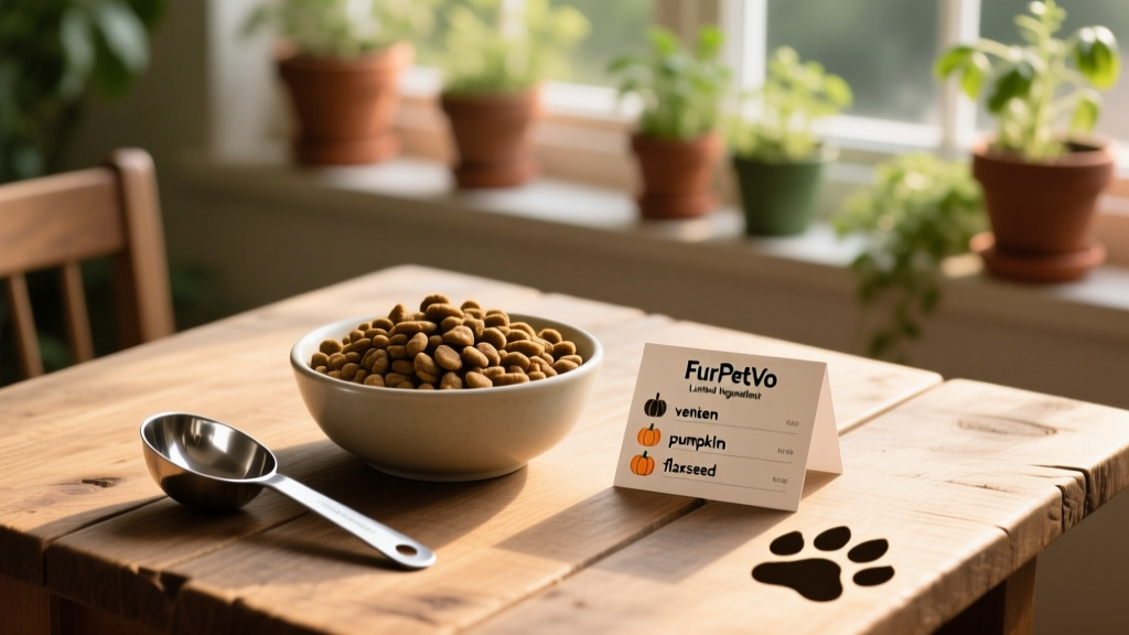 Bowl of FurPetVo Limited Ingredient kibble beside a measuring scoop and ingredient list card showing venison, pumpkin, and flaxseed