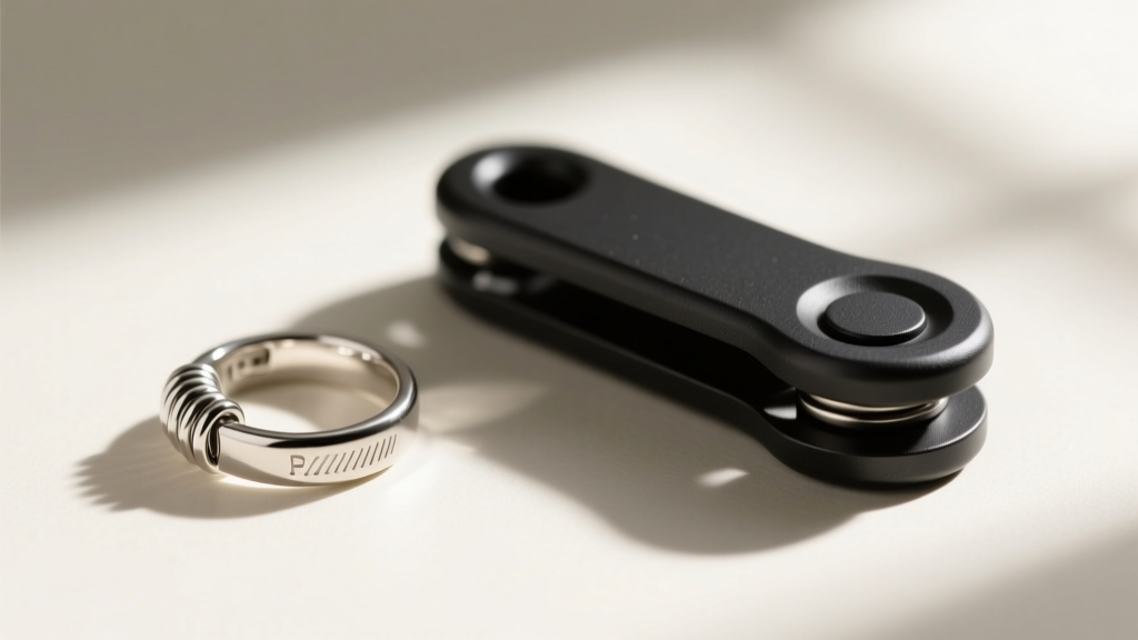 Close-up of a tiny spring ring clasp next to a large magnetic clasp meant for users with limited hand dexterity and arthritis
