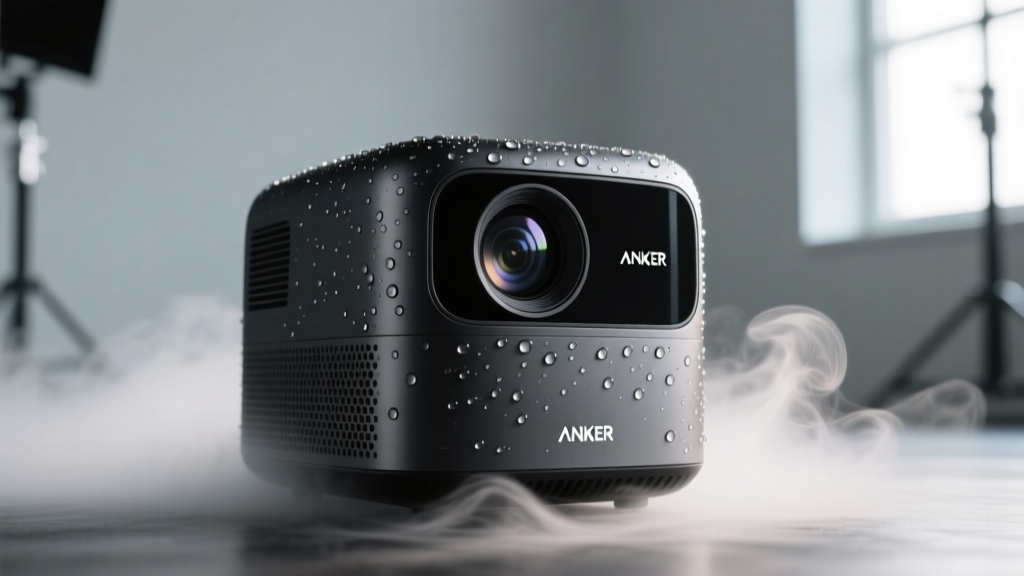 Close-up of Anker Nebula Capsule 3 Laser projector showing condensation buildup on the lens housing next to a stage fog machine