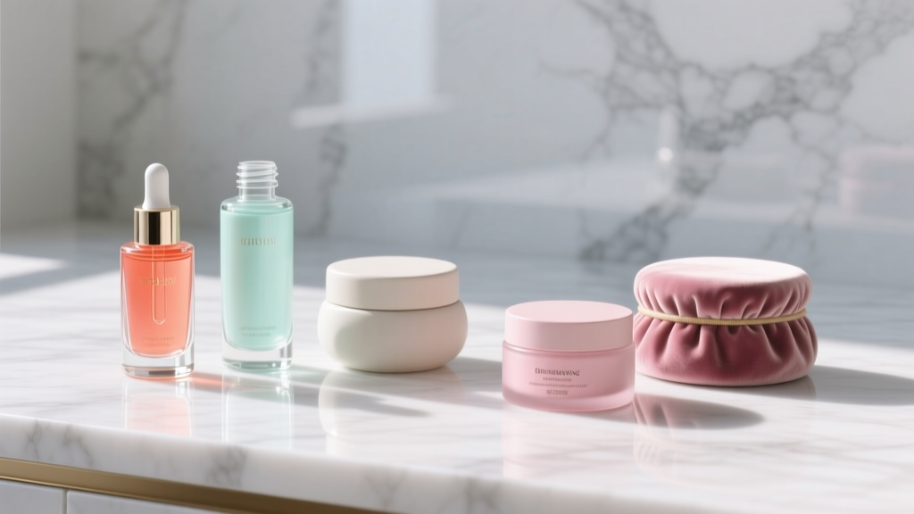 Morning skincare routine products on marble surface