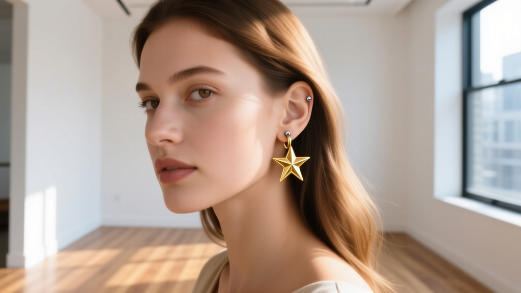 Young woman wearing 14k gold starburst huggie earrings in a second lobe piercing, natural sunlight, candid lifestyle portrait