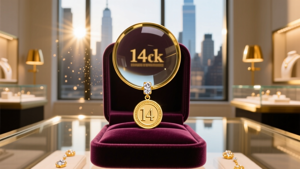 Macro shot of a loupe inspecting a 14k gold earring hallmark on velvet inside a bright New York City jewelry district booth.