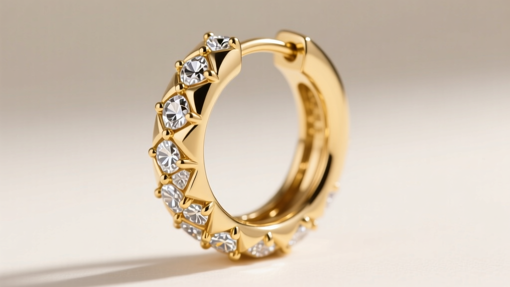 Close-up of 18k gold huggie hoop earring paved with tiny precision-cut clear crystals, highlighting secure metal prong settings