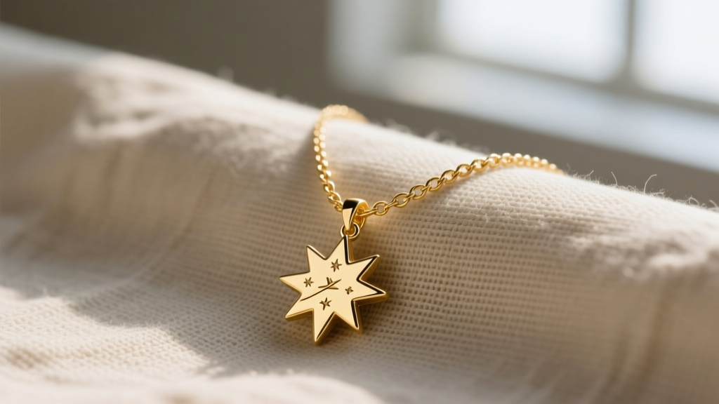 Close-up of a delicate 14k gold vermeil Arwin necklace on linen, highlighting the celestial pendant and fine cable chain.