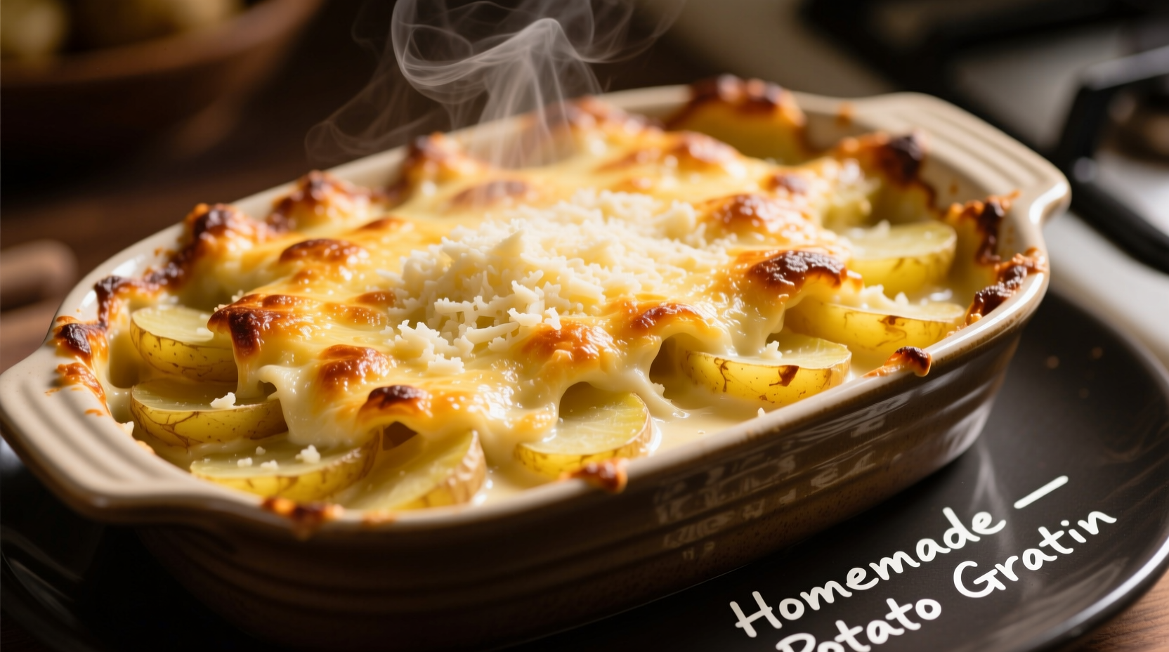 Golden potato gratin with crispy cheese topping