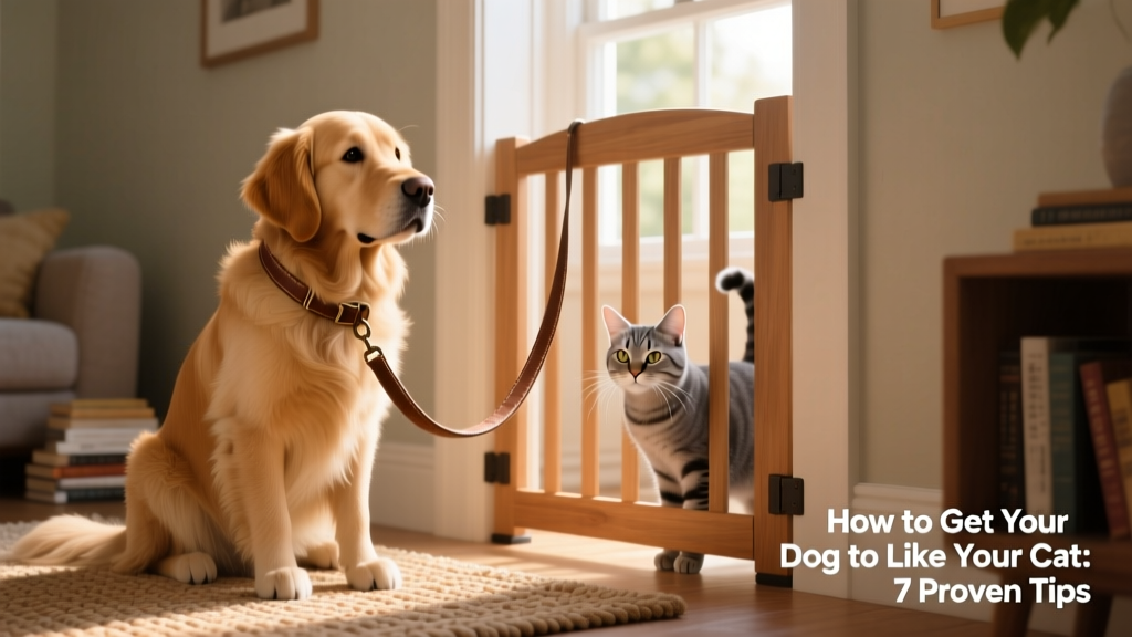 A dog sitting calmly on a leash beside a baby gate while a curious cat watches from the other side