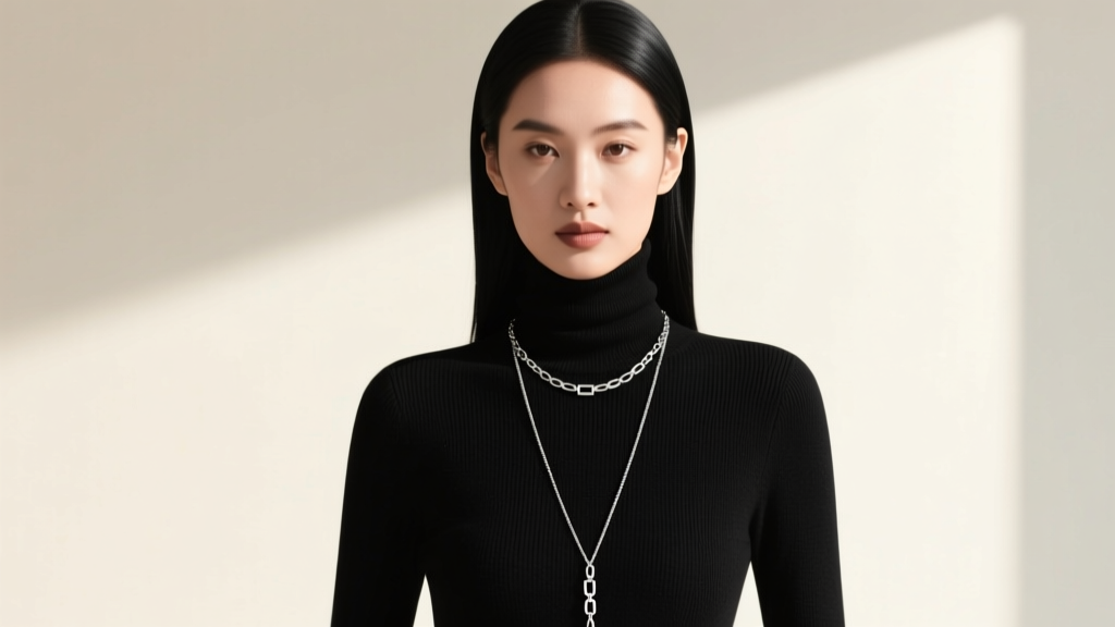 Virtual Sim in a turtleneck sweater paired with a long matinee silver chain necklace, highlighting proper digital styling rules.