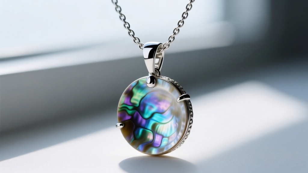 Heavy 50mm abalone shell pendant on a 2.5mm stainless steel wheat chain, showing the robust lobster clasp and weight distribution