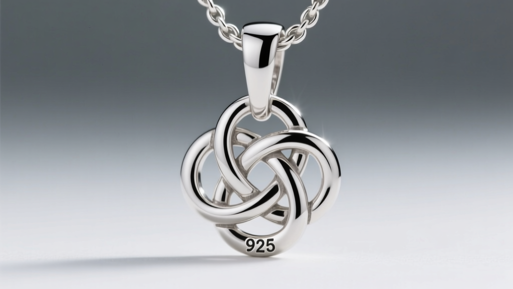 Macro shot of a rhodium-plated sterling silver Celtic knot pendant bail showing crisp solder joints and a 925 hallmark stamp.