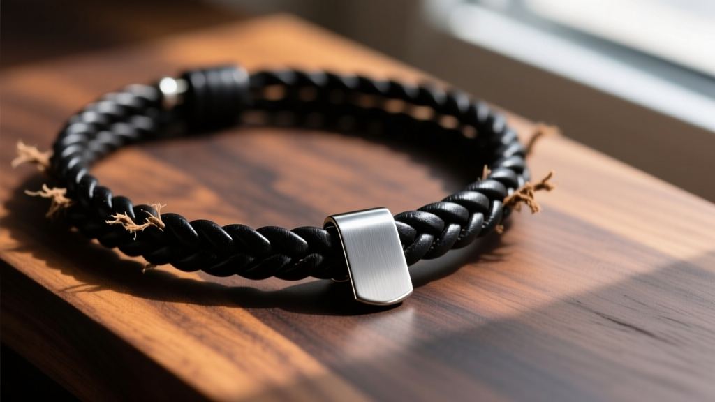 Close-up of a worn mens cord necklace made of braided black leather with a brushed titanium pendant resting on dark wood.