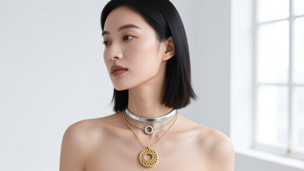 Woman wearing a layered necklace stack with a small silver circle pendant on a choker and a larger gold circle on a longer chain