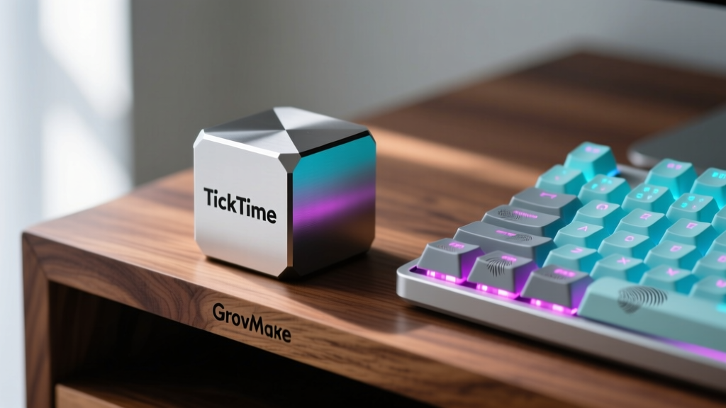 Close-up of a machined aluminum TickTime Cube Pro resting on a walnut Grovemade desk shelf next to a glowing mechanical keyboard