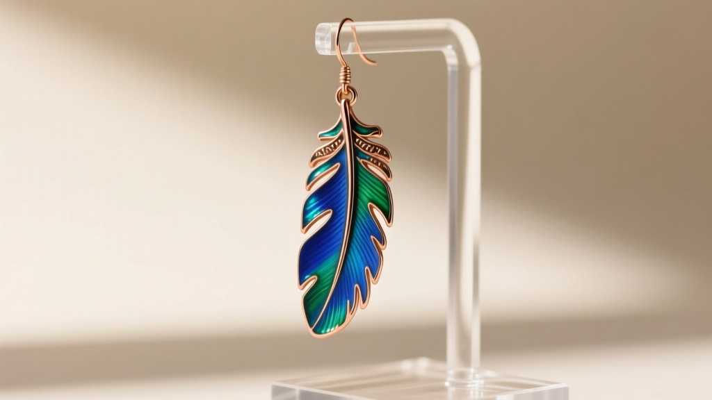 Vibrant blue and green enameled copper feather earring hanging from an acrylic display stand against a blurred neutral background