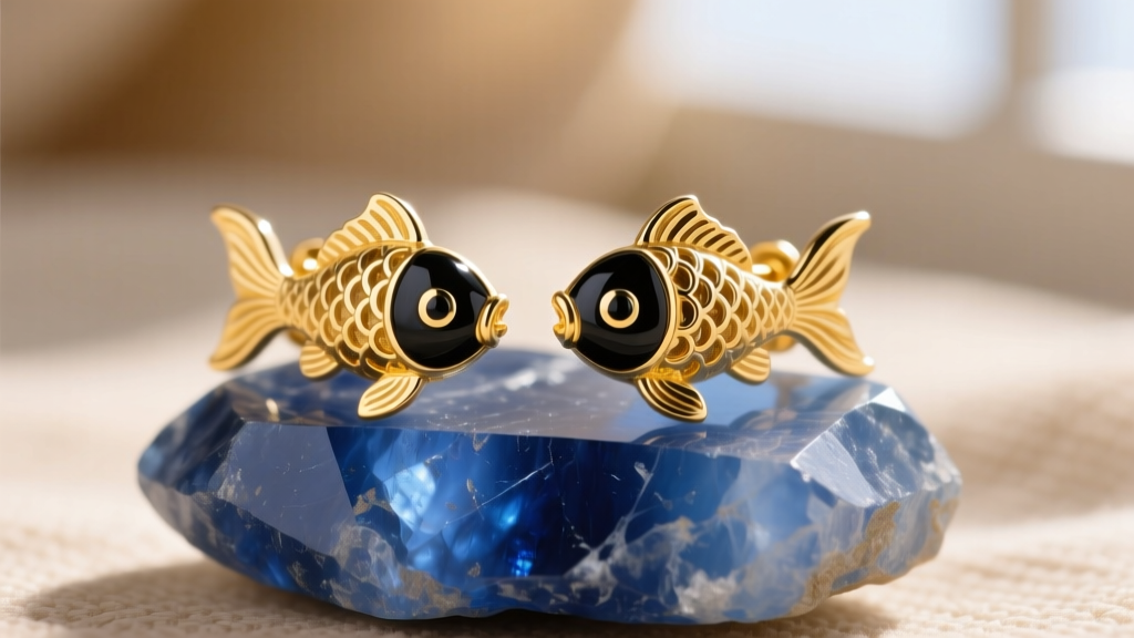 Macro shot of 14k yellow gold koi fish stud earrings with black enamel eyes resting on raw blue kyanite in soft sunlight.