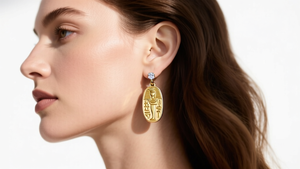 Side profile of a woman wearing a gold cartouche earring paired with a small diamond huggie hoop on the upper lobe in daylight