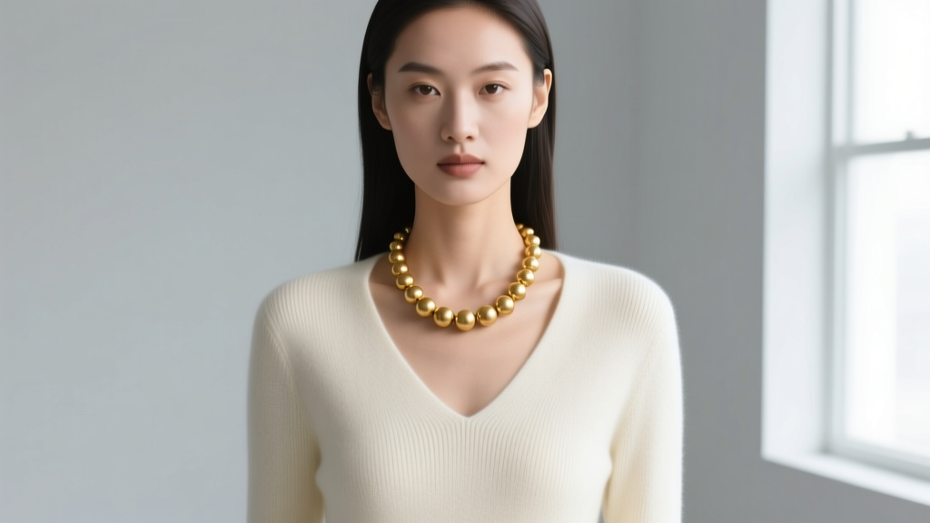 Model in a V-neck cashmere sweater wearing a 16-inch 14k gold bead necklace with 5mm matte-finished beads in natural light.