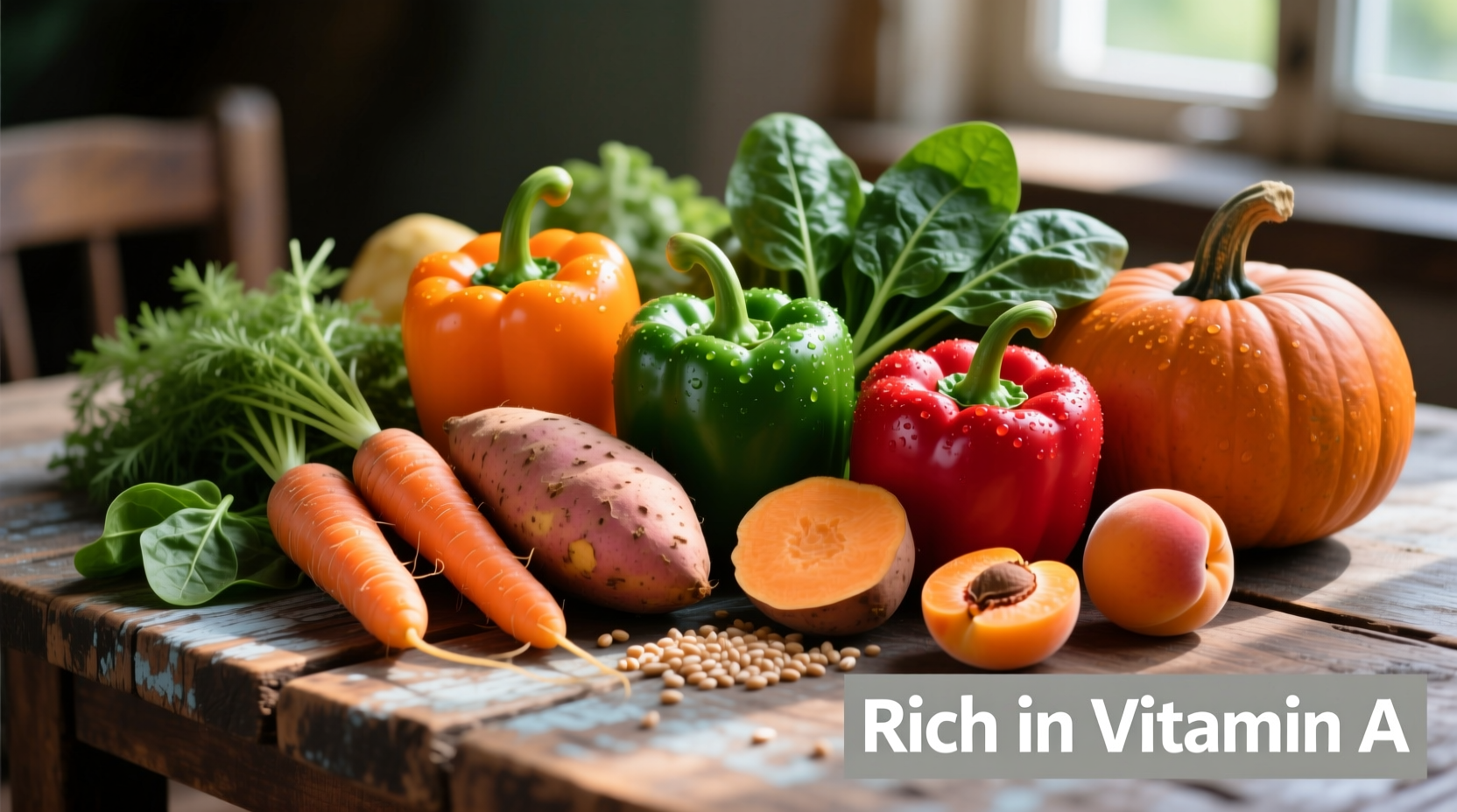 Colorful array of vitamin A rich foods on wooden table