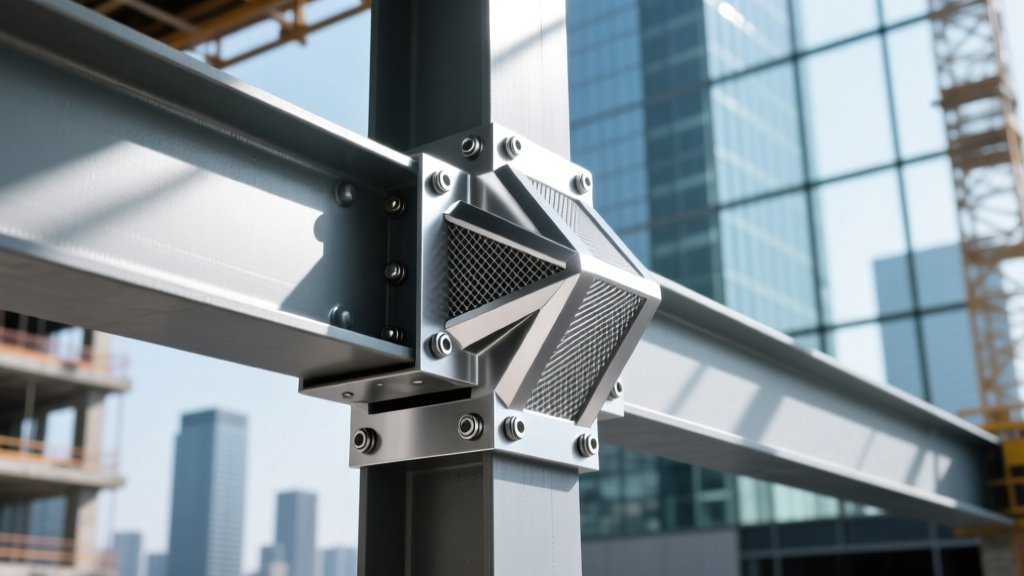 Silver aluminum matrix composite structural node with silicon carbide reinforcement bolted to a steel beam on a modern high-rise