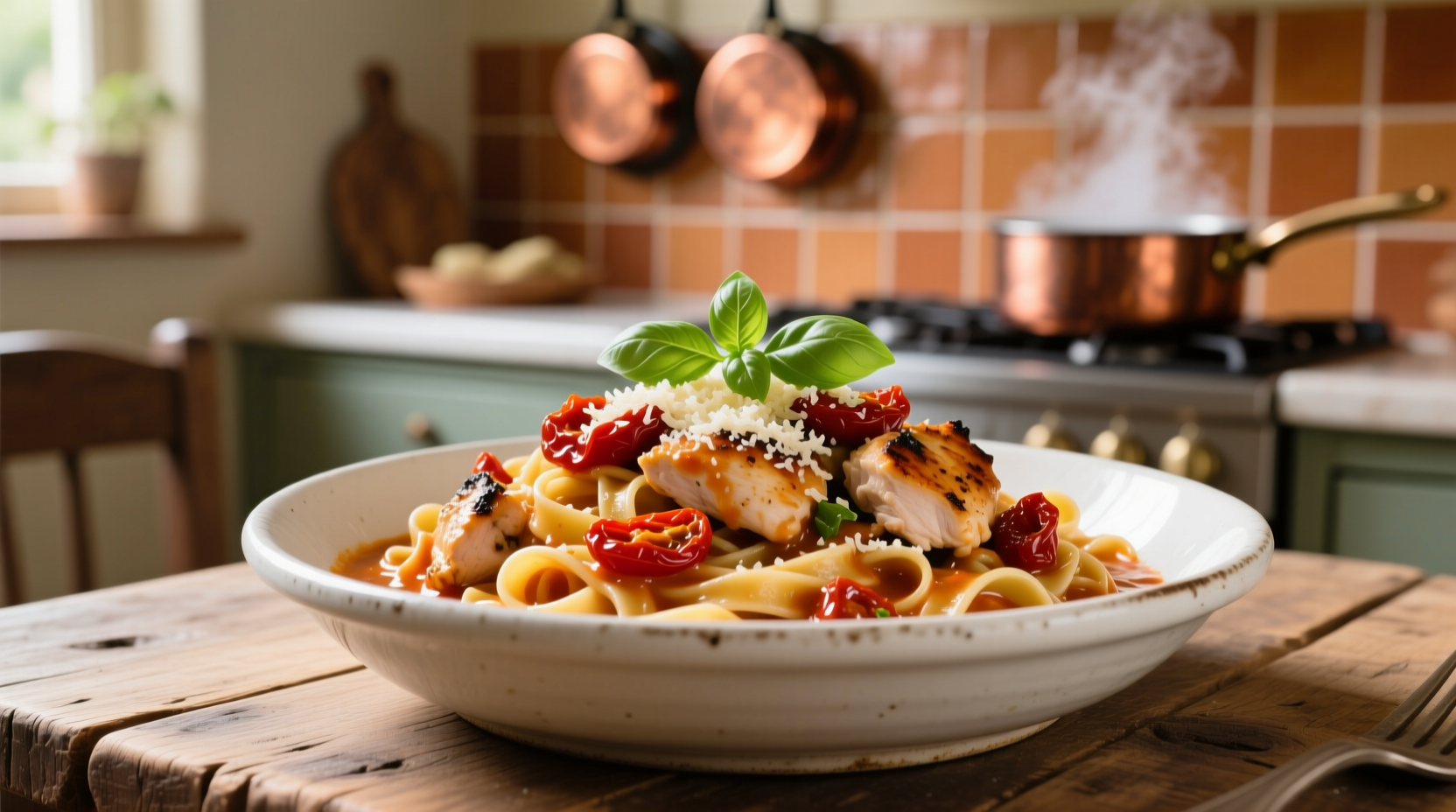 Creamy sun dried tomato chicken pasta in white bowl