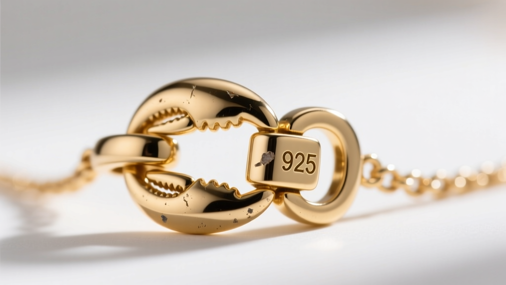 Macro photography of a gold vermeil necklace clasp showing the 925 stamp and slight wear on the lobster claw mechanism