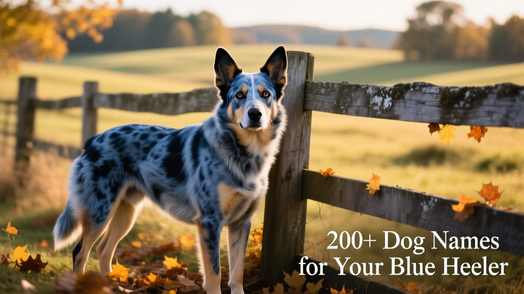 A confident adult Blue Heeler sitting proudly beside a rustic wooden fence, showcasing its muscular build and expressive eyes