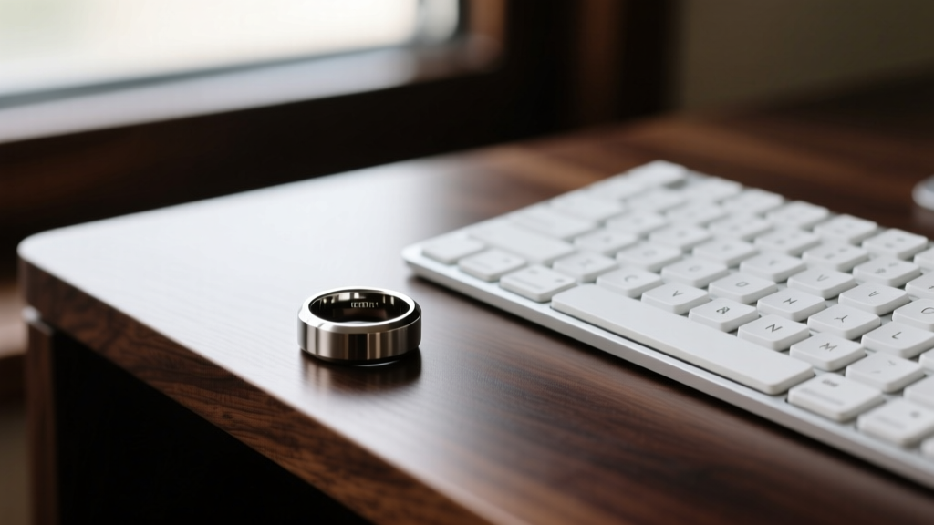 Sleek titanium smart ring resting on a dark oak desk next to a mechanical keyboard, highlighting minimalist indie wearable tech.
