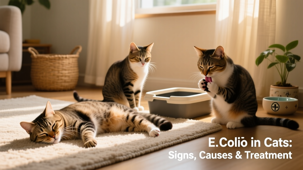 Cats showing common signs of illness: one lying listlessly, another near a litter box with visible discomfort