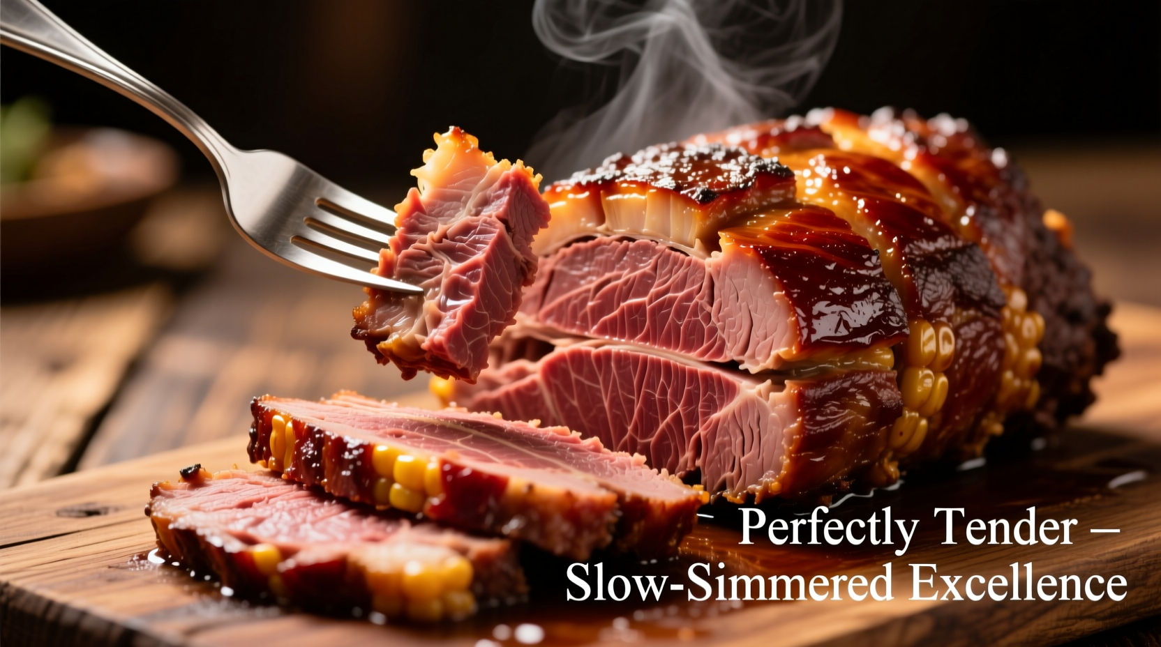 Perfectly cooked corned beef with fork showing tenderness