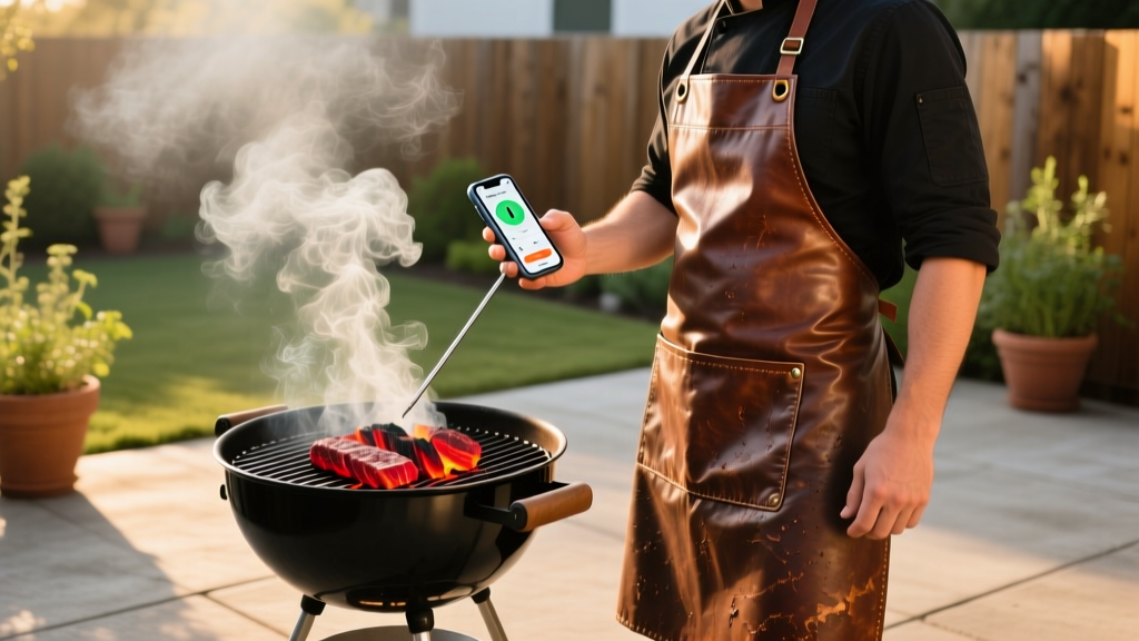 Man in leather apron using a wireless smart meat thermometer while checking a smartphone app next to a smoking charcoal kettle grill