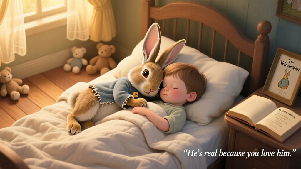 An illustration-style image showing the Velveteen Rabbit curled beside a sleeping child in a cozy, softly lit bedroom