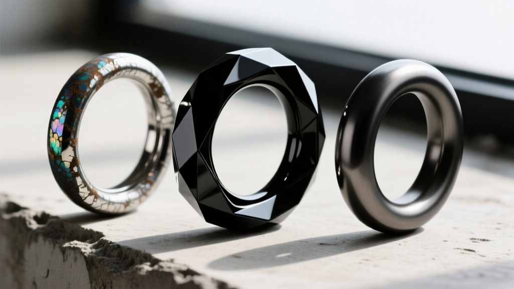 Macro shot of three black hoops on concrete: oxidized silver, black zirconium, and PVD titanium, showing unique surface textures