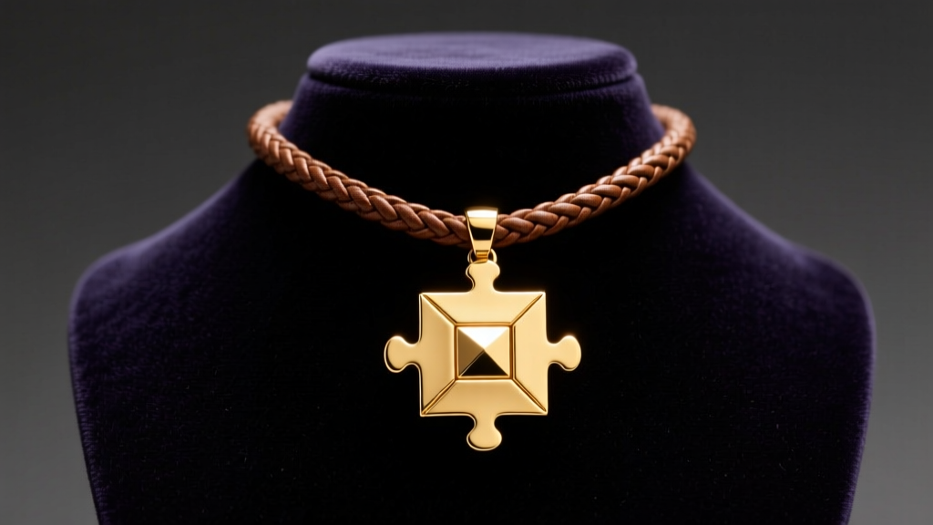 Gold Millennium Puzzle pendant on a thick braided leather cord, displayed on a dark velvet bust under warm studio lighting.