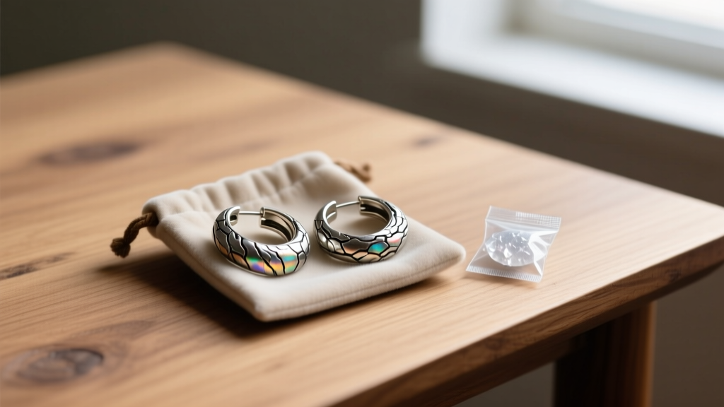 Oxidized silver bark-textured hoop earrings resting in an anti-tarnish velvet pouch beside a silica gel packet on a wooden desk.