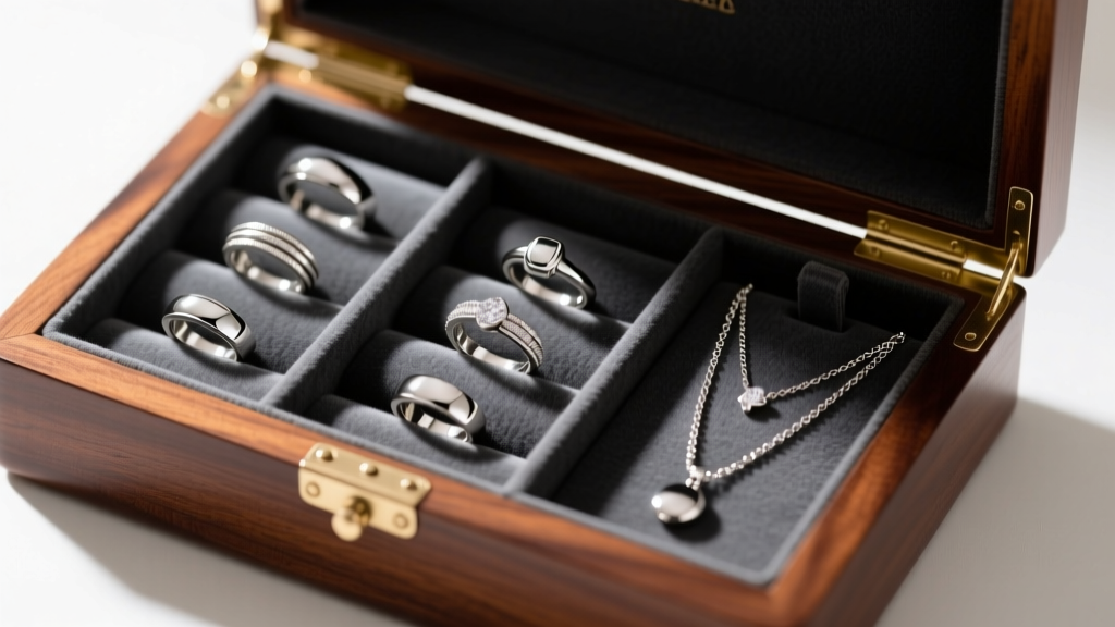 Top-down view of open mahogany anti tarnish jewelry box lined with dark grey cloth, holding polished silver rings and necklaces.