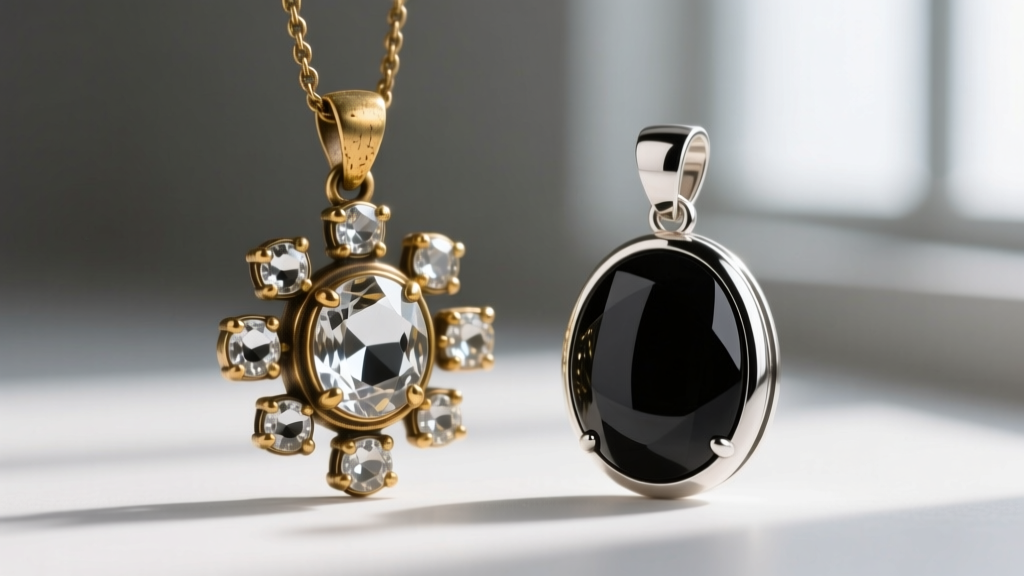 Macro comparison of a vintage brass movie prop pendant with prong-set glass and a modern sterling silver replica with dark onyx