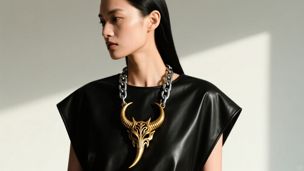 Model wearing a layered blackened stainless steel wheat chain and polished brass demon horn necklace over dark leather tunic.