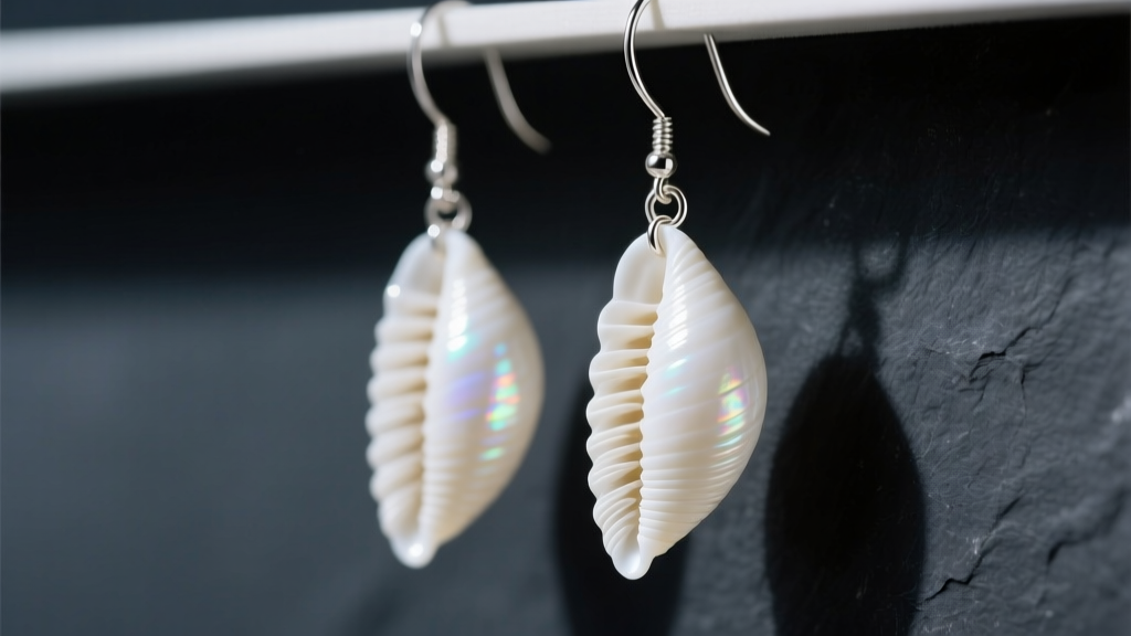 Close-up of genuine white dentalium tusk shell dangle earrings hanging from sterling silver ear wires against dark slate