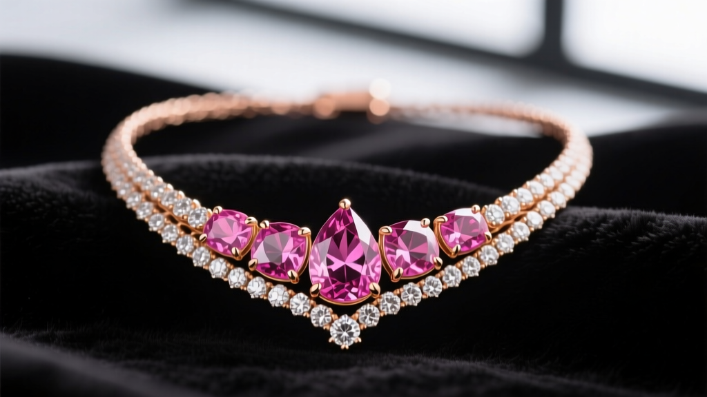 Macro photography of an 18k rose gold bib necklace featuring pear-cut pink sapphires and VVS1 diamond pavé accents on velvet.