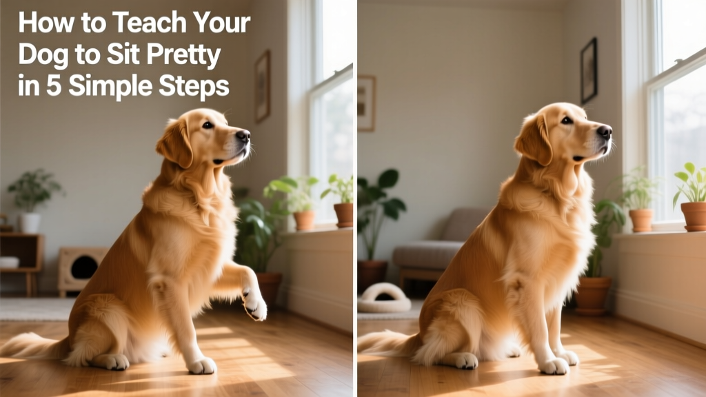 Side-by-side images showing a dog transitioning from seated to sitting pretty, with clear body posture and focused expression