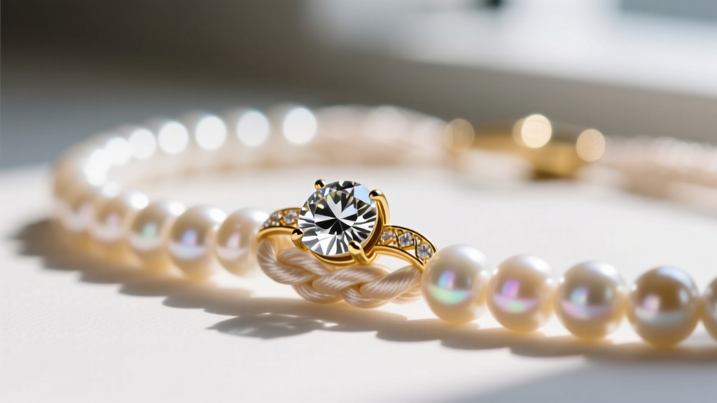 Macro shot of a diamond pendant bail resting on a hand-knotted silk pearl strand, highlighting the luster and gold clasp mechanics