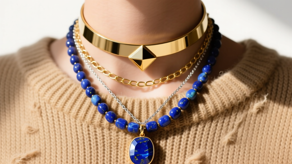 Close-up of a layered 70s necklace stack with a 14-inch gold choker and a 24-inch lapis lazuli pendant on a tan knit sweater.