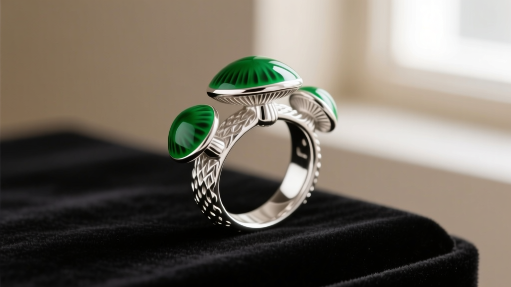 Sterling silver fairy ring band with thick mushroom shanks and bright green enamel caps on dark velvet in a softly lit space.