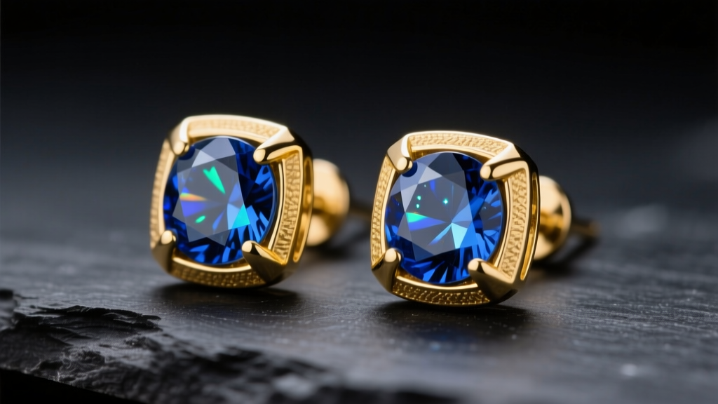 Macro shot of 18k yellow gold bezel-set indicolite blue tourmaline stud earrings on dark slate under soft studio lighting